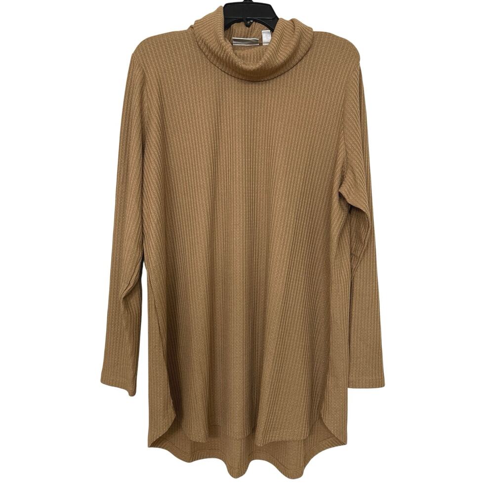 Susan Graver Camel Tan 2X Waffle Knit Cowl Neck Tunic Top Neutral Cozy Stretch